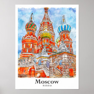 Poster Moscou Russie Voyage Aquarelle main tiré
