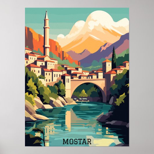 Poster Mostar Bosnie-Herzégovine Vintage voyage rétro (Devant)