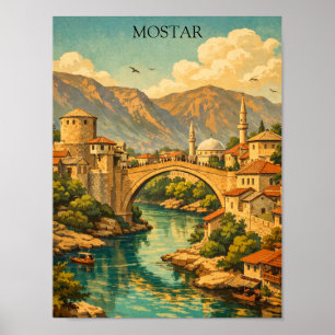 Poster Mostar vintage, Bosnie Pont Stari Most