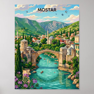 Poster Mostar vintage Bosnie Vieux Pont Stari Balkans