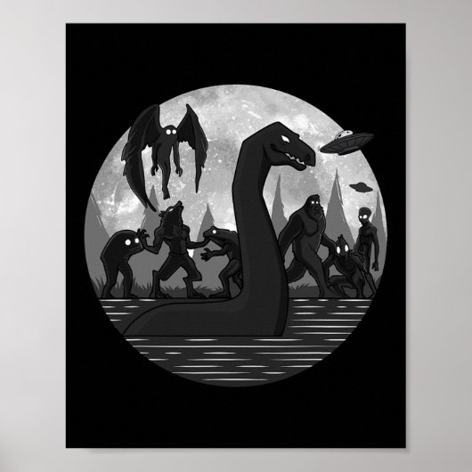 Poster Mothman Bigfoot Loch Ness Monster Aliens Ufo Fun C (Devant)