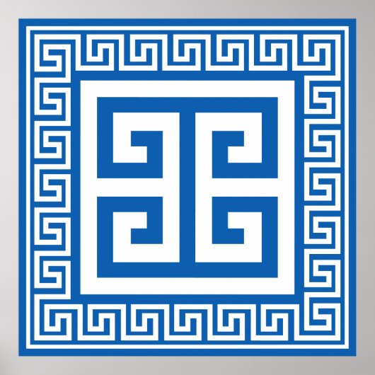 Poster Motif à clé grecque, design blanc et bleu (Devant)