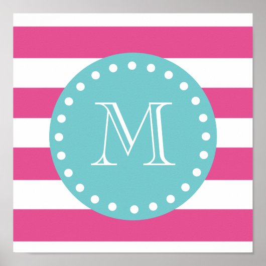 Poster Motif à rayures blanches roses chaudes, Monogramme (Devant)