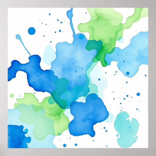 Poster Motif Abstrait Aquarelle Bleu Vert (Devant)