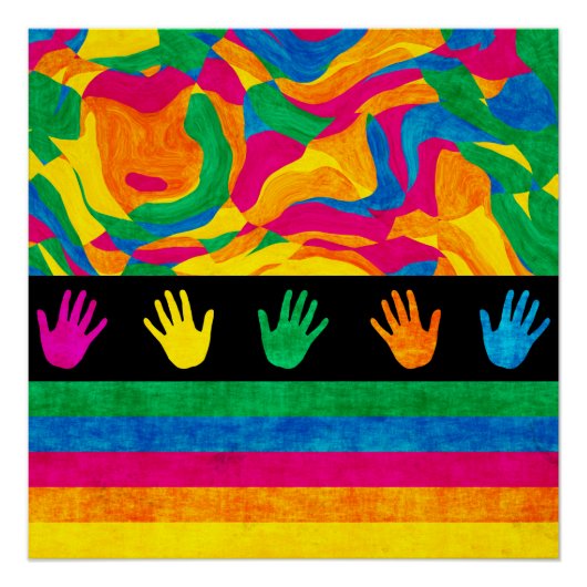 Poster Motif Abstrait d'Empreintes de Main Colorées (Devant)