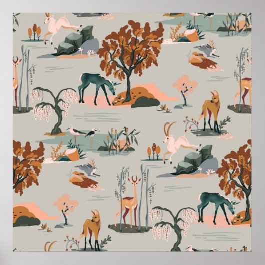 Poster Motif animal mignon et jouant avec licornes (Devant)