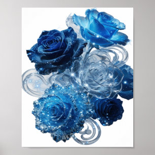 Poster Motif artistique argent ROSES BLEUES Artistiques