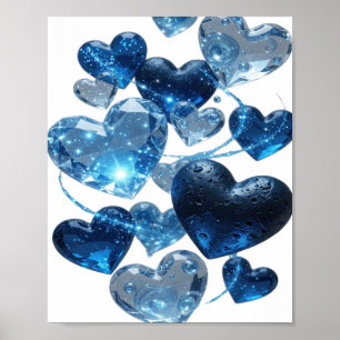 Poster Motif artistique CŒURS BLEUS argent tendance