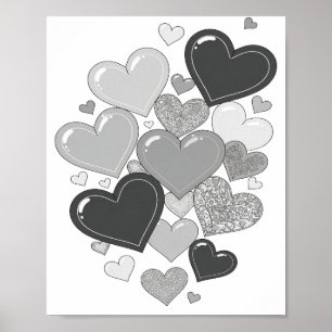 Poster Motif artistique CŒURS Gris Élégant
