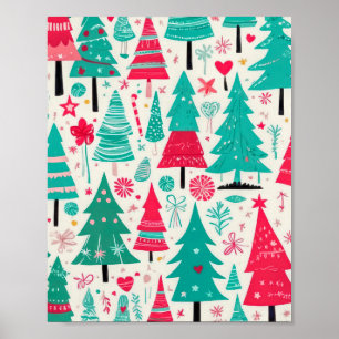 Poster Motif coloré de sapin de Noël dessiné à la main