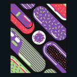 Poster Motif couleur Pop Art Candy<br><div class="desc">Un design abstrait pop art ludique avec des motifs en forme de bonbons en vert citron, violet et rouge sur un arrière - plan noir audacieux. Chaque forme de bonbons est décorée avec des arrosées, des rayures et des points, créant un style amusant et énergique inspiré de Memphis. La composition...</div>