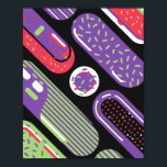 Poster Motif couleur Pop Art Candy<br><div class="desc">Un design abstrait pop art ludique avec des motifs en forme de bonbons en vert citron, violet et rouge sur un arrière - plan noir audacieux. Chaque forme de bonbons est décorée avec des arrosées, des rayures et des points, créant un style amusant et énergique inspiré de Memphis. La composition...</div>