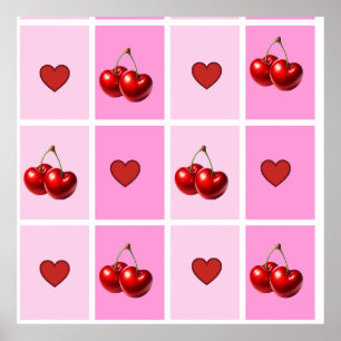 Poster Motif Damier Cœur Cerise Personnalisé