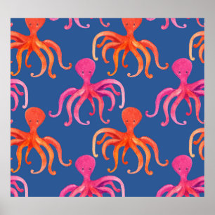 Poster Motif d'aquarelle octopus de dessin coloré