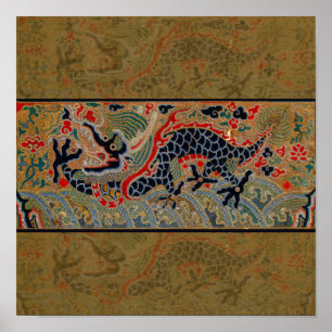 Poster Motif de broderie en soie de dragon chinois antiqu
