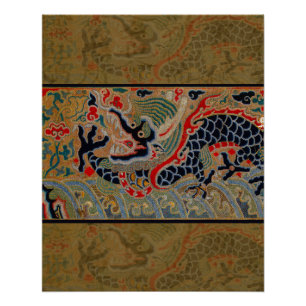 Poster Motif de broderie en soie de dragon chinois antiqu