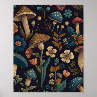 Poster Motif de champignons et de fleurs 2