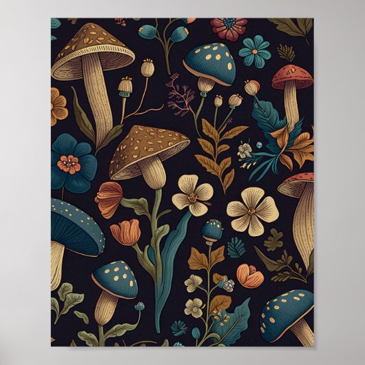 Poster Motif de champignons et de fleurs 2 (Devant)