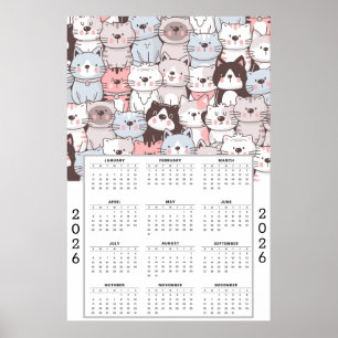 Poster Motif de chat de dessin animé ludique avec calendr