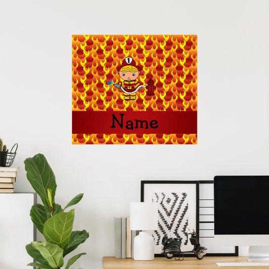 Poster Motif de flammes de pompier de nom personnalisé (Bureau à domicile)