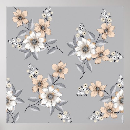 Poster motif de fleurs grises et blanches sur fond gris (Devant)
