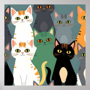 Poster Motif de foule de chats de dessin animé colorés