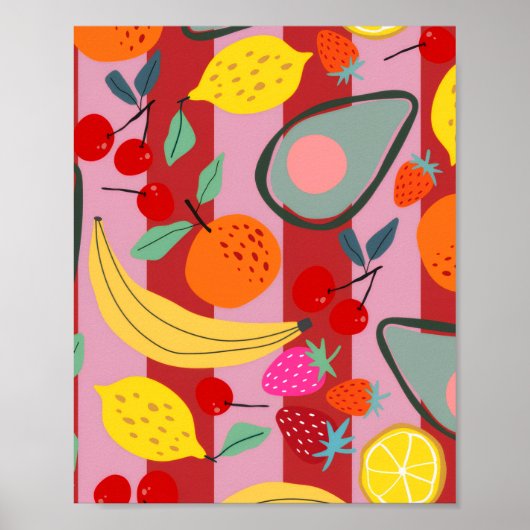 Poster Motif de fruits à rayures rouges et roses (Devant)