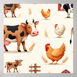 Poster Motif de grange d'animaux de ferme mignons
