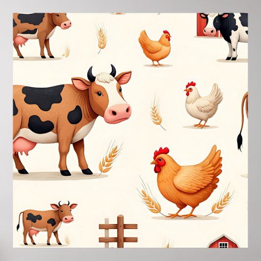 Poster Motif de grange d'animaux de ferme mignons (Devant)