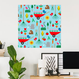 Poster Motif de jardin Fleurs printanières et outils de j