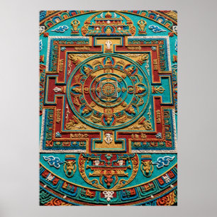 Poster Motif de mandala turquoise et or