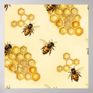 Poster Motif de nid d'abeille au miel à l'aquarelle