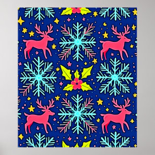 Poster Motif de Renne de Noël Bleu Foncé Design