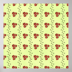 Poster Motif de vigne florale rouge sur fond vert clair