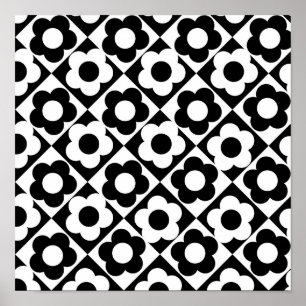 Poster Motif floral à carreaux diamant noir et blanc