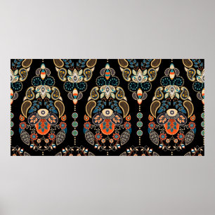 Poster Motif floral à Paisley sans couture. Fond sombre a