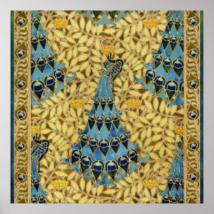 Poster Motif floral au paon bleu Art nouveau vintage