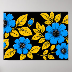 Poster Motif floral bleu avec feuilles dorées