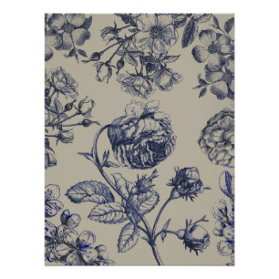 Poster Motif floral botanique toile bleue vintage antique
