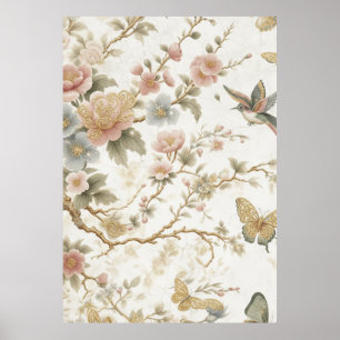 Poster Motif floral chinois vintage avec colibri