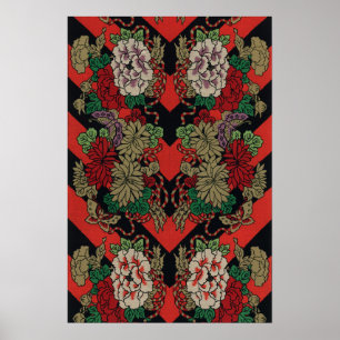 Poster Motif floral japonais vintage pivoine rouge noir