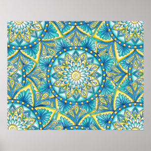 Poster Motif floral Mandala jaune bleu turquoise
