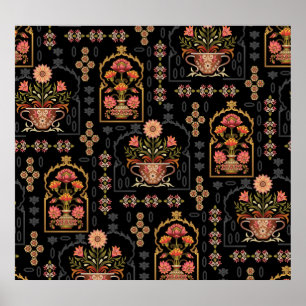 Poster Motif Floral Mughal : Noir Sans Couleur.