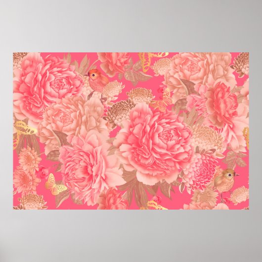 Poster Motif floral sans soudure. Jardin fleurs peoni ros (Devant)