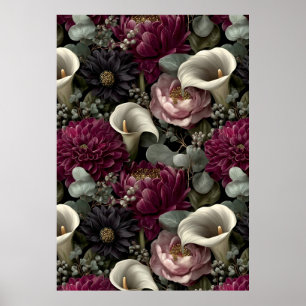 Poster Motif floral sombre avec dahlias et callas
