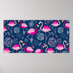 Poster Motif graphique de flamants roses sur un bleu fonc