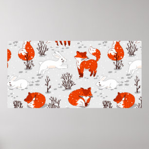 Poster Motif hivernal sans soudure avec de mignons renard