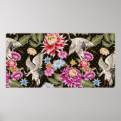 Poster Motif japonais avec fleurs et grues blanches (Devant)