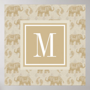Poster Motif kaki de caravane d'éléphant du monogramme  