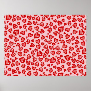 Poster Motif léopard des coeurs en rouge sur blush